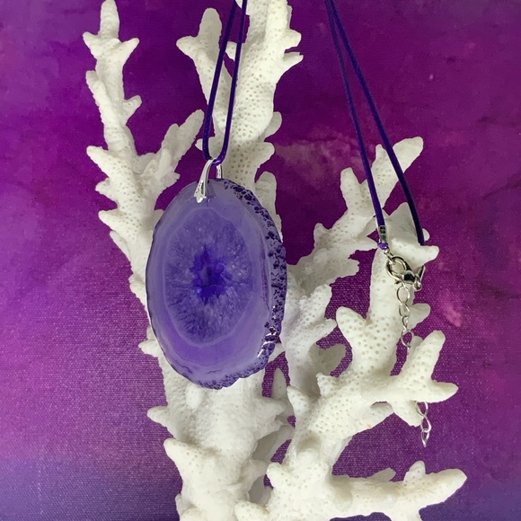 Handcrafted Purple Onyx Druzy Geode Agate Slice Necklace on Waxed Cotton Cord - Picture 6 of 14